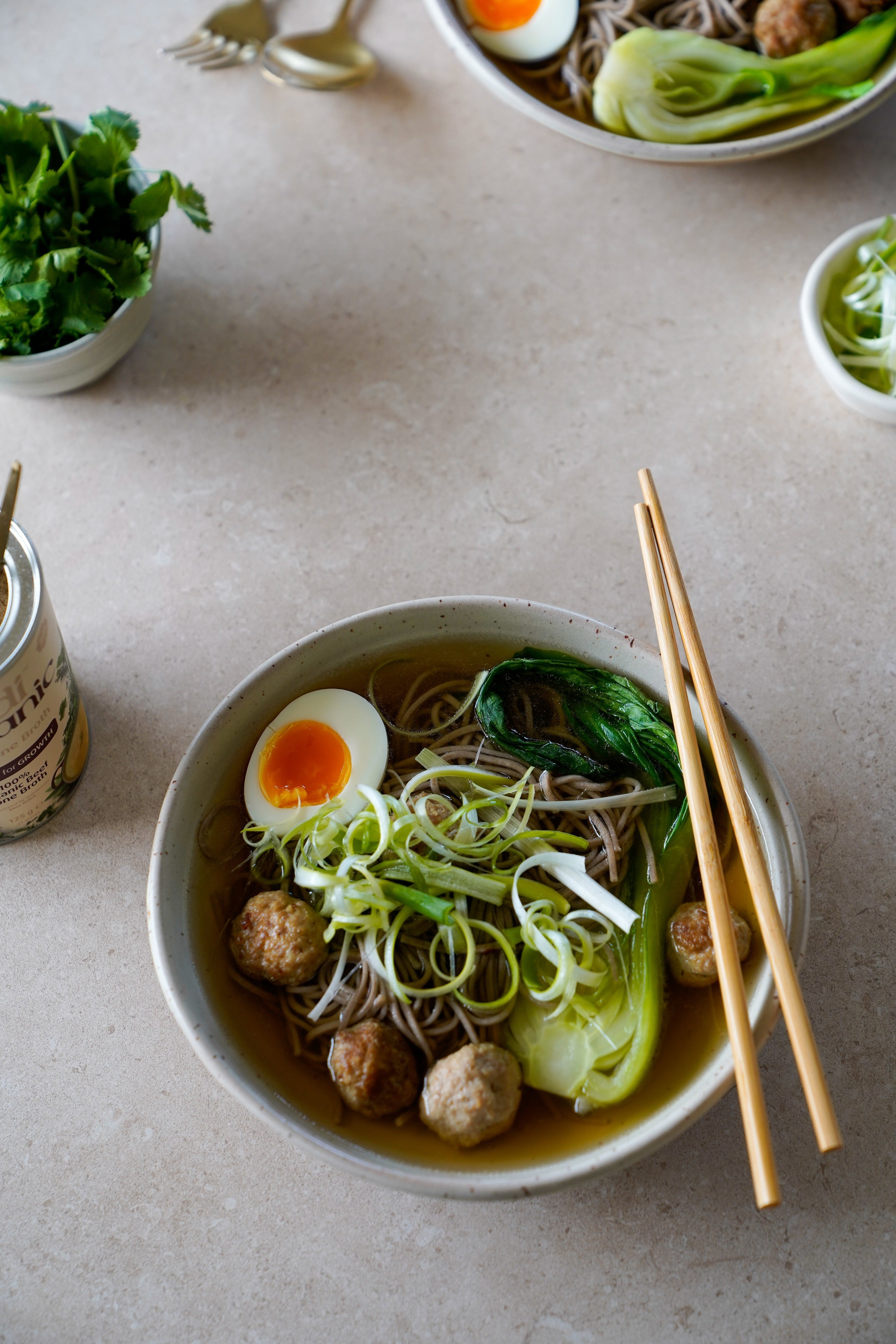 Asian Style Chicken Broth with Loaded Meatballs, Greens & Noodles