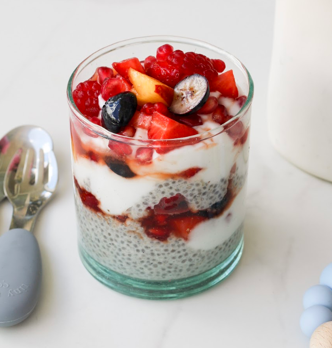 Odi Boosted Chia Pudding Parfait with summer berries, coconut yoghurt and Blooming Blueberry Chia Pudding - healthy layered dessert for toddlers and kids
