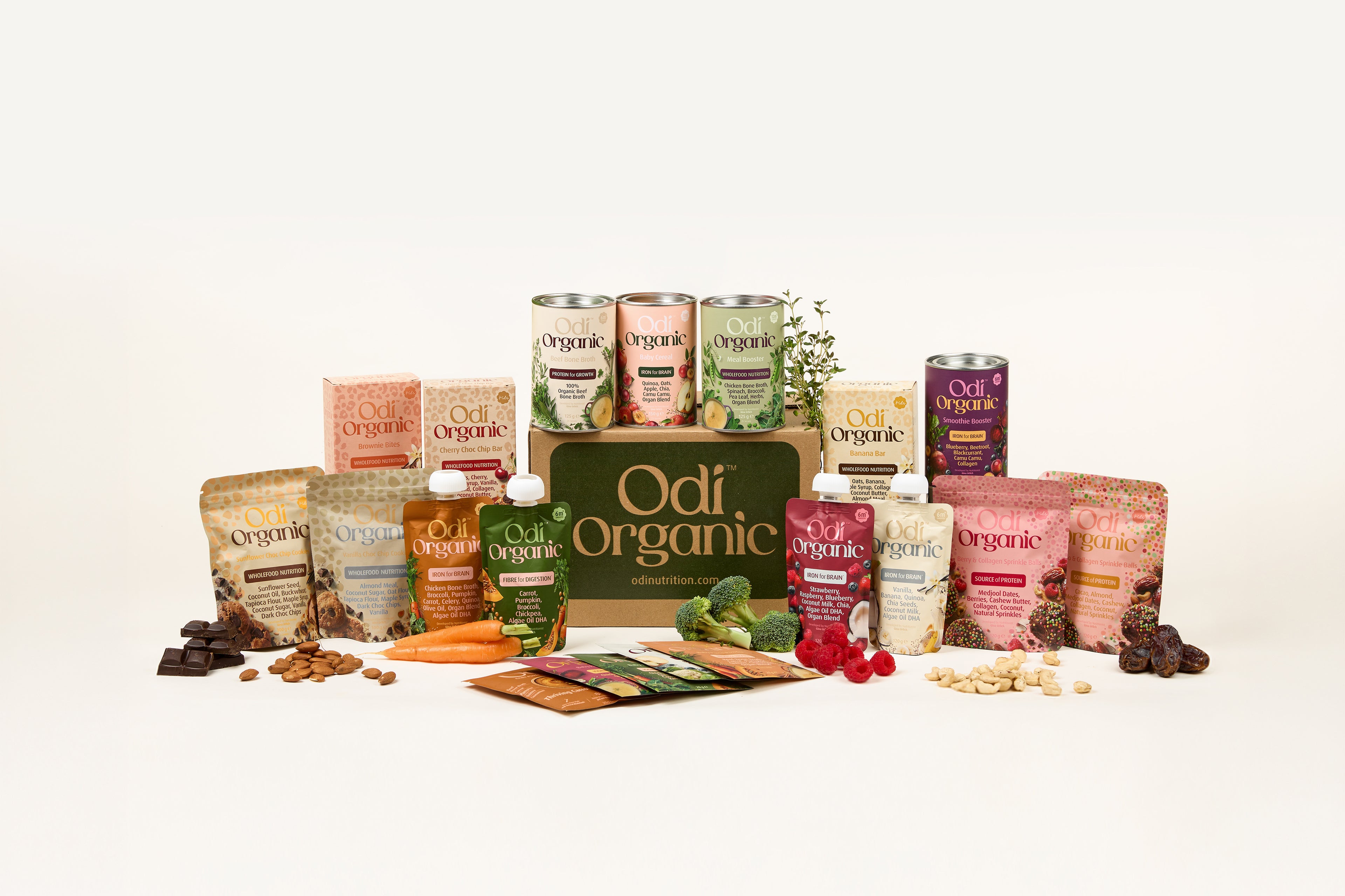 Best online baby food delivery NZ – Odi's full range of organic pouches, snacks, and bundles around a delivery box. Made in NZ. Ordered online, Delivered to your door.